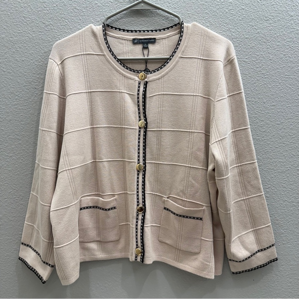 New Adrianna Papell Tan Cardigan Size XL Button Up Black Trim - Picture 2 of 7